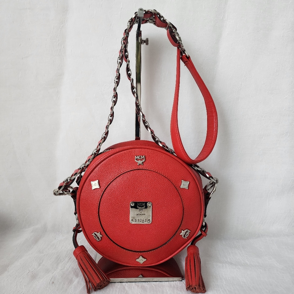 Auth MCM Tambourine Red Crossbody Bag